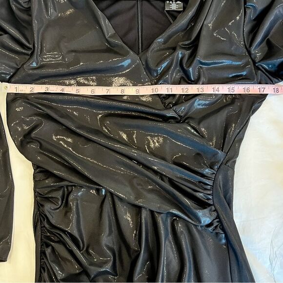 DKNY Dress Side Ruched Jersey Long V-neck Surplice Dress Faux Leather Look 6 NWT - Picture 12 of 16